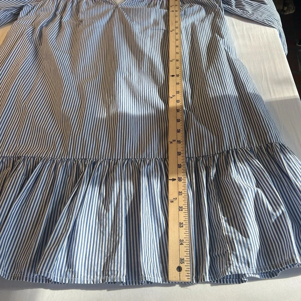 J CREW Preppy Blue Striped‎ Ruffle Dress Pink Embroidered Smocked Yolk Sz Medium